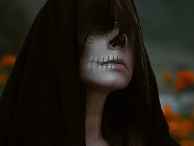 Nahaufnahme einer Person mit Kapuzenumhang und teilweisem Totenkopf-Make-up.