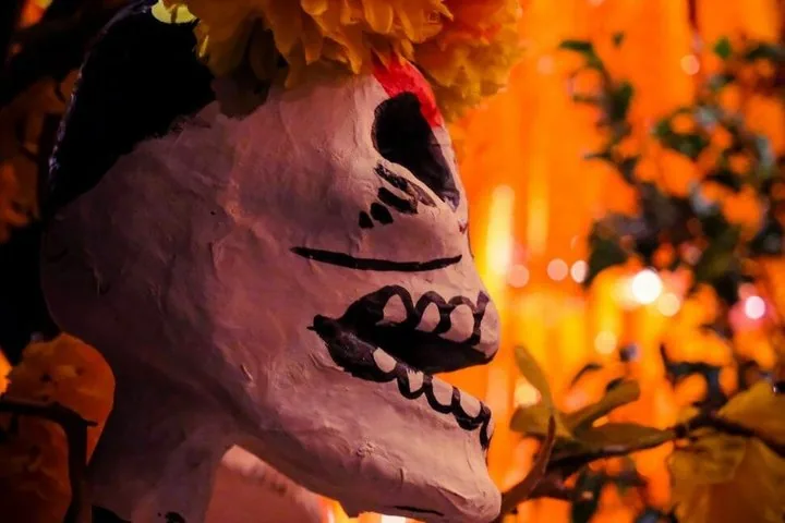 Seitenansicht einer dekorativen Schädelfigur, die mit weißen und schwarzen Details bemalt ist.